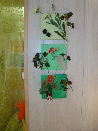 triptyque de tableaux acrylique avec fleurs en soie 