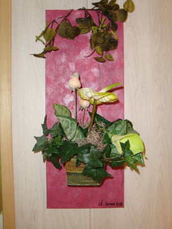 tableau acrylique avec pot zinc et fleurs de soie 